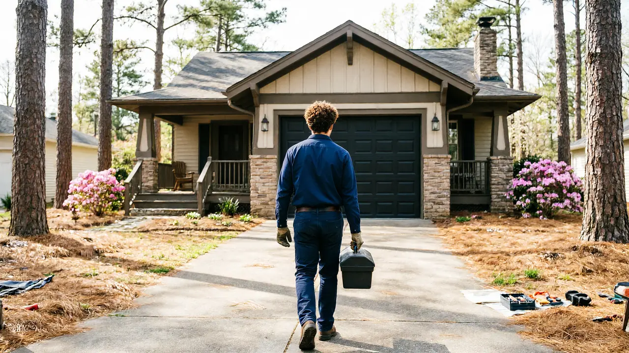 A technician walks towards a house with a black garage door, carrying a toolbox.
