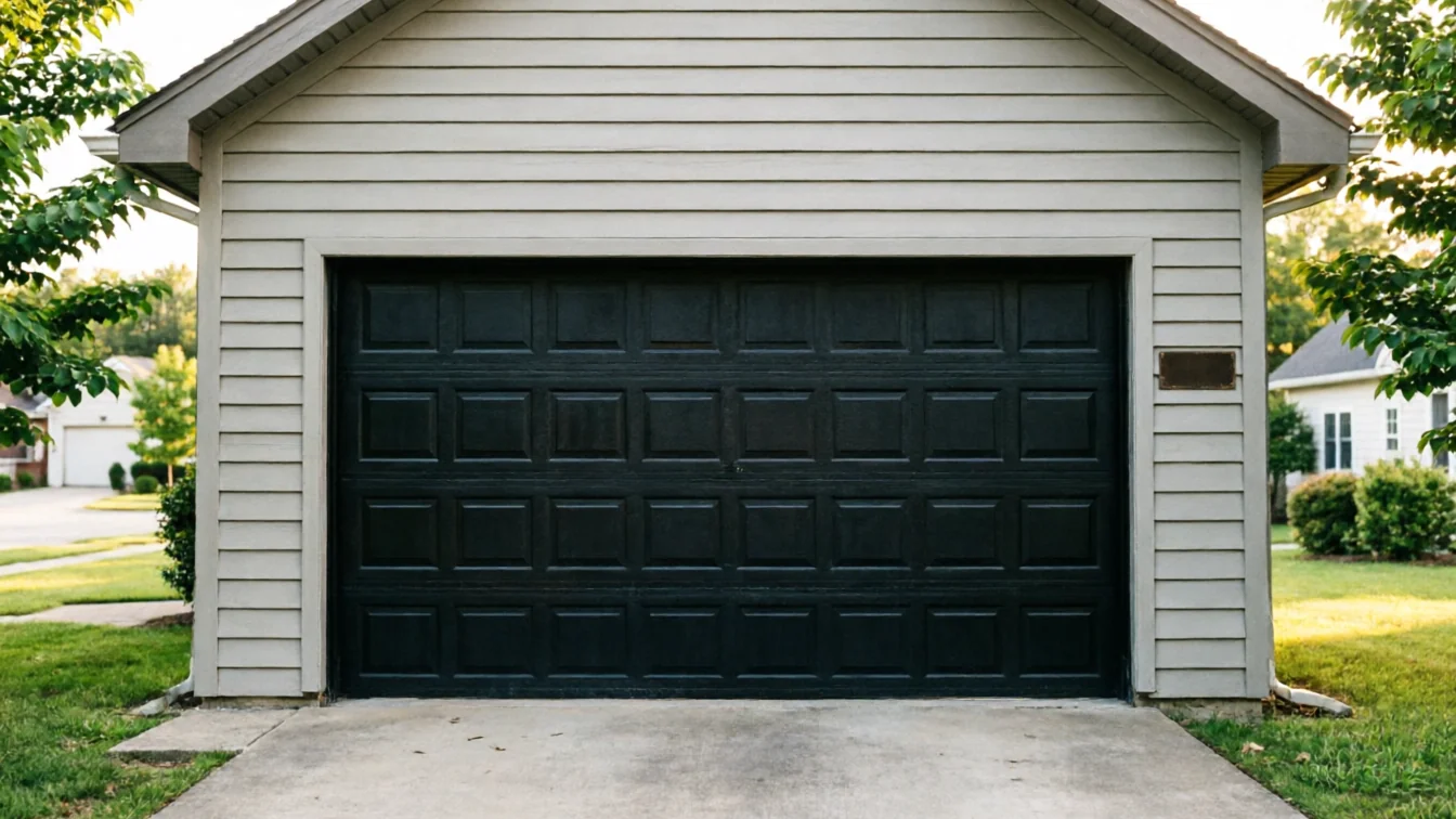 A dark gray garage door is on a light gray house with green trees.