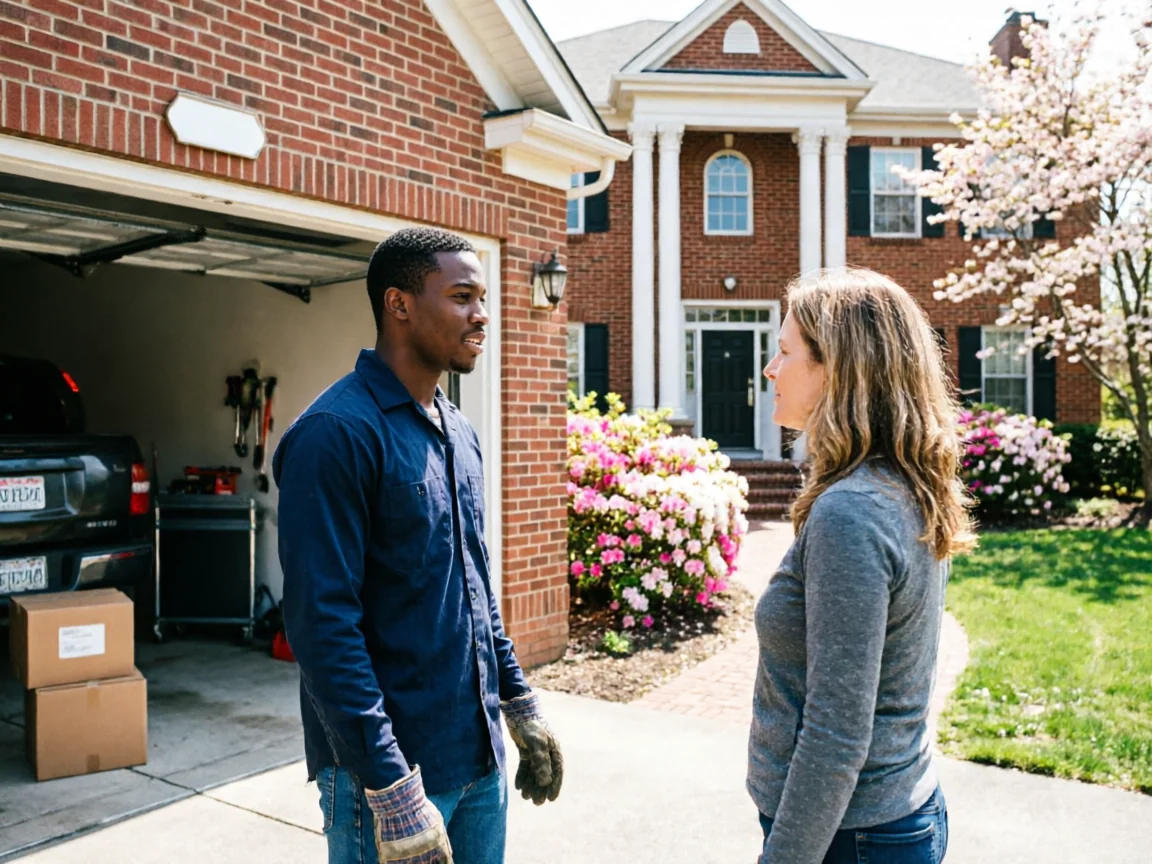 A technician in work gloves talks to a woman in front of a house.