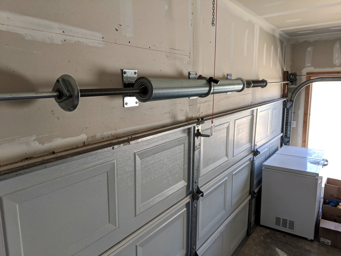 The torsion spring is mounted above a white garage door inside a garage.