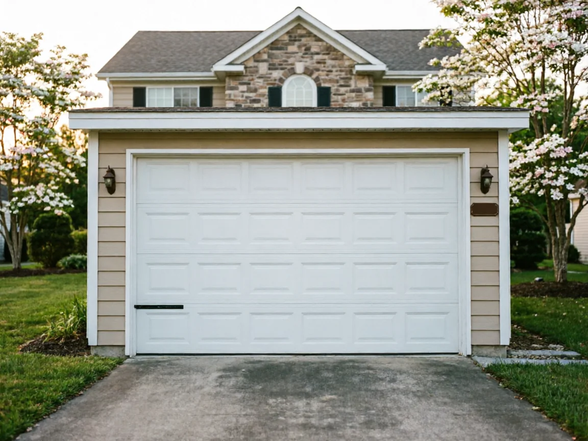 A white paneled garage door is on a tan house with stone accents and flowering trees.